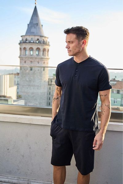 Pijamoni Men's Combed Cotton Fabric Buttoned Collar Black Pajama Set - 6900