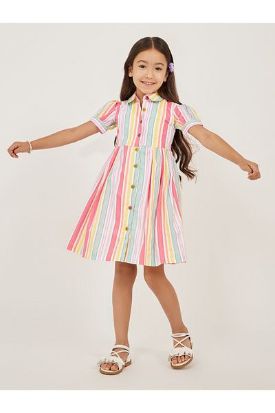 Styli Striped Puff Sleeves Button Front Dress