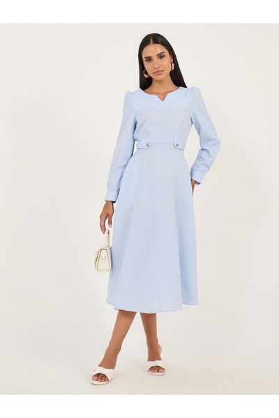 Styli Blue Striped A-Line Midi Dress