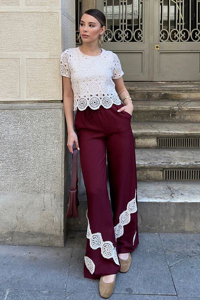 VAGGON Women's Burgundy Guipure Detailed Elastic Waist Palazzo Trousers V00014-A