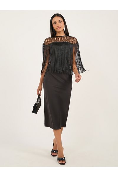 Styli Plain Black Mesh Inserted Bodycon Midi Dress
