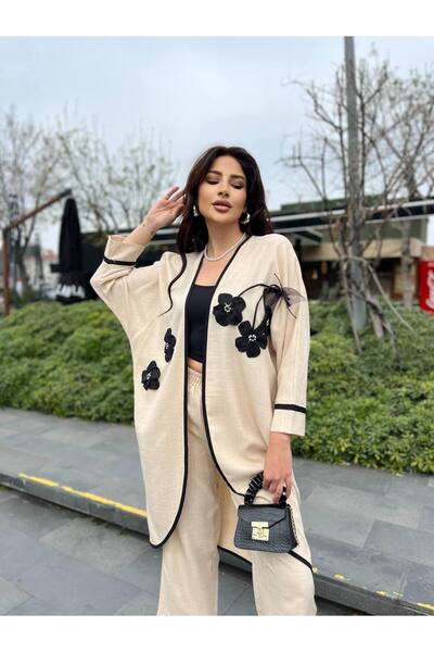 aytenli Straight Collar Oval Cut Stripe Flower Detailed Draped Top Wide Leg Elastic Waist Size Pocket Set