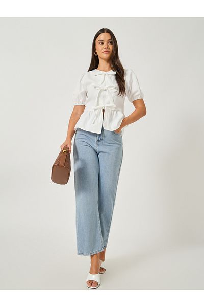 Styli Plain Puff Sleeves Peplum Top with Tie Detail