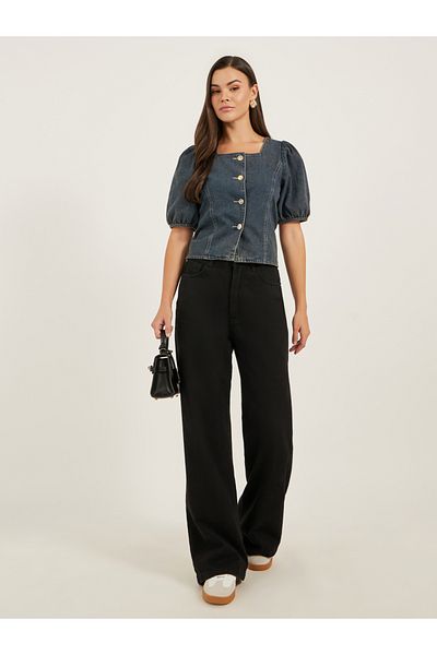 Styli Solid Blouse With Puff Sleeve And Button Up Front