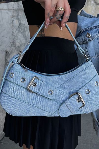 VAGGON Women's Blue Belt Detailed Baguette Denim Bag V00026-C