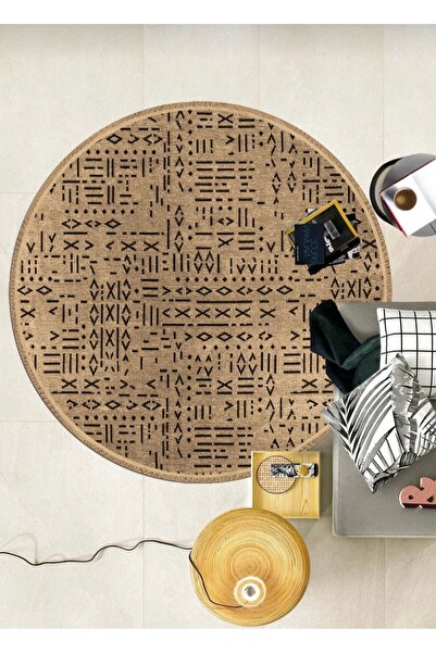 new colourse VİZON Yuvarlak İskandinav Şönil Kilim Altı Pamuk Kaymaz Dokuma T...