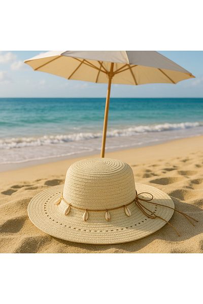 kabancım Natural Straw Wide Brim Summer Hat with Seashell