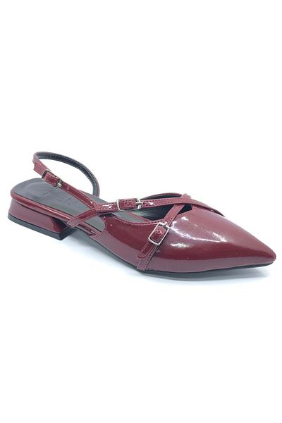 Kocamanlar Ayakkabı Feles Buckle Detailed Short Heeled Open Back Women's Ballerina Shoes Claret Red
