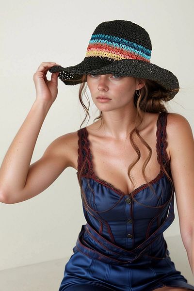bacc Black Hand Braided Color Striped Wide Straw Hat Bcnsv-2514620