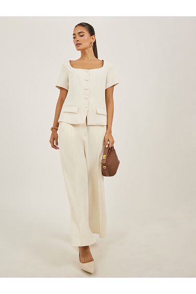 Styli Plain Square Neck Tailored Top with Pocket Detail