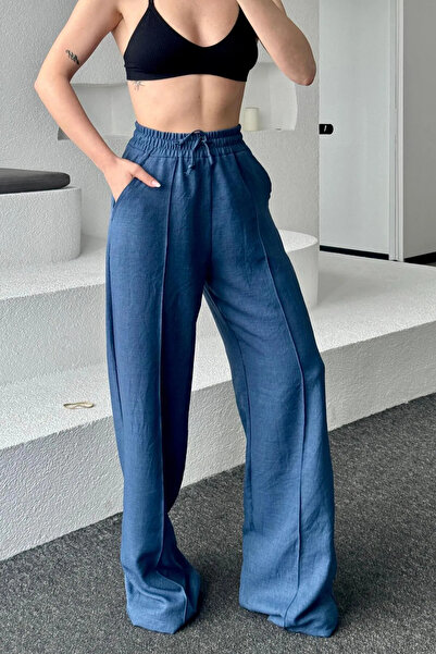 Butik Sofia Λινό Παντελόνι Palazzo Μακρύ Πόδι Τιρίλ Τιρίλ Φαρδύ