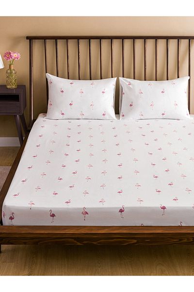 LC Waikiki Pink Flamingo Printed Air Permeable 100% Cotton White Double Fitted Sheet Set