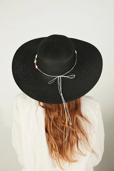 bacc Black Ribbon Detailed Shell Stripe Wide Straw Hat Bcnsv-2514232-26