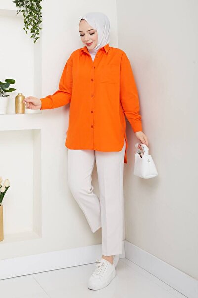 exxitcollection Γυναικείο Terikoton Long Stylish Μοντέρνο Πορτοκαλί Boyfriend Hijab πουκάμισο