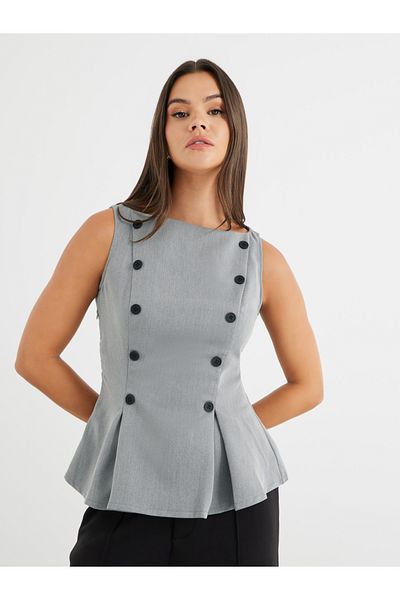 Styli Contrast Double Breasted Button Detail Peplum Top