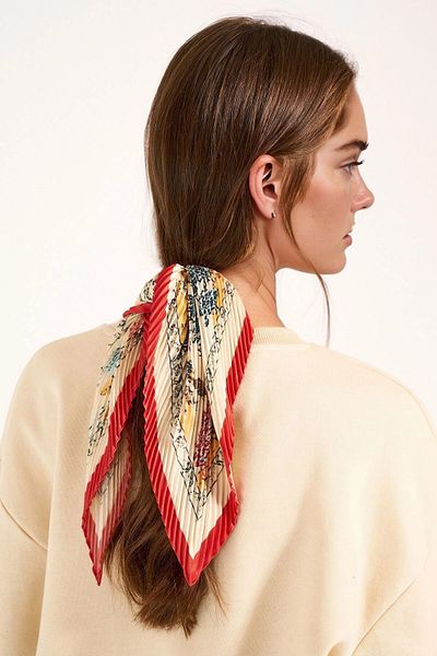 bacc Red Ethnic Patterned Pleated Bandana Scarf with Border Bcnsv-2513465-1