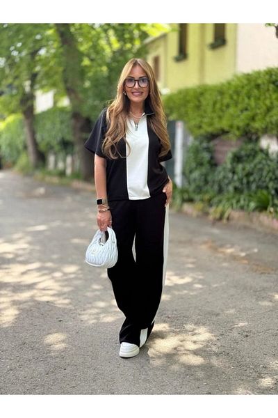 Viyamo New Season Women's Modal Fabric Collar Zippered Stripe Detailed Suit