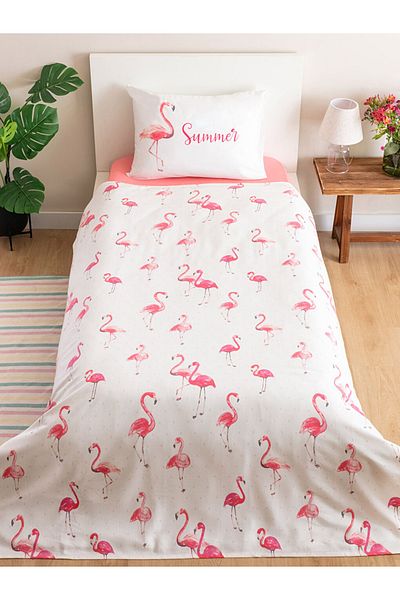 LC Waikiki Ροζ Flamingo Printed White Single Ranforce (Υψηλή διαπερατότητα αέρα) Σετ πικέ