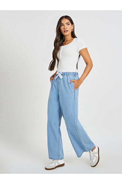 Styli بنطال جينز واسع الساق بحزام خصر مطاطي متوسط الارتفاع