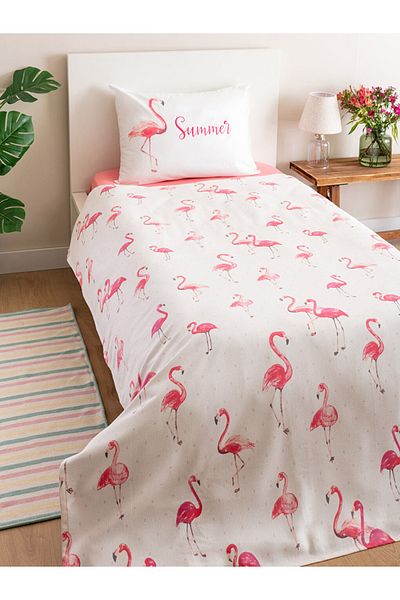 LC Waikiki Ροζ Flamingo Printed White Single Ranforce (Υψηλή διαπερατότητα αέρα) Σετ πικέ
