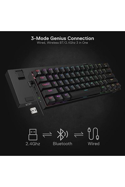 REDRAGON Compact RGB Mechanical Gaming Keyboard, Wireless Bluetooth 2.4GHz Wired, 3 Modes, 61 Keys with Hot-S