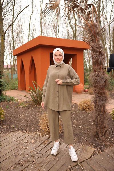 Bwest Simple Double Hijab Shirt Set - (38-46) - 71263 - Khaki