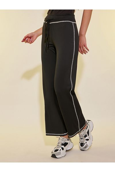 Styli Contrast Stitch Detail Drawstring Waist Wide Leg Pants