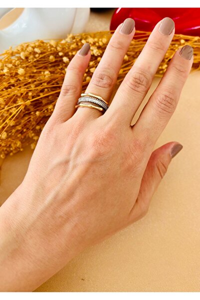 Markiz Takı Gold Gümüş Üçlü Çelik Yüzük - Ayarlanabilir