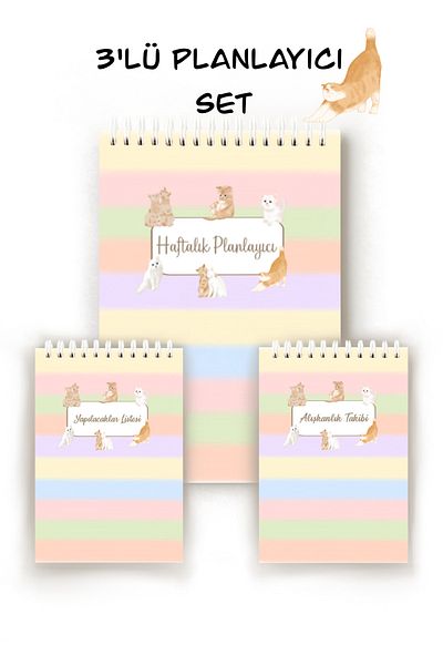 Handeto Kraft Cat Themed 3-Piece Turkish Planner Set, Weekly Planner, Habit Tracker, To-Do List, Planner
