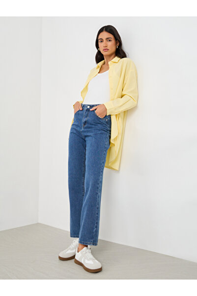 Styli بنطال جينز مستقيم سادة بخصر مرتفع