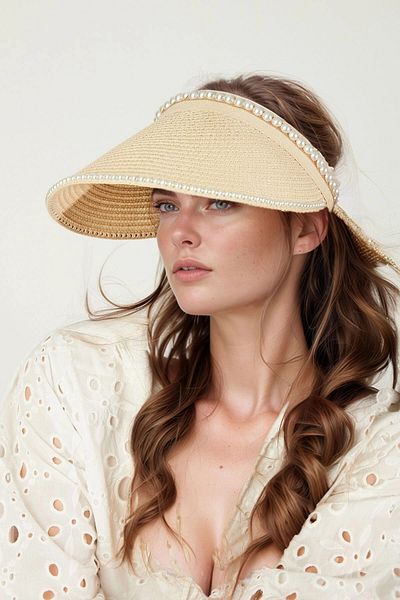 bacc Beige Pearl Stone Straw Open Top Visor Tennis Cap Bcnsv-2514565
