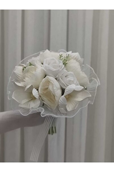 Bioren Pileli Tüllü Manolya Şakayık Gül Gelin Buketi