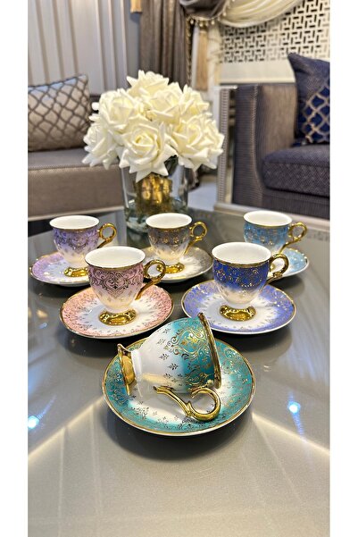 Vakıf home Gonca Model 6 Kişilik Porselen Renkli Kahve Fincan Takımı Seti