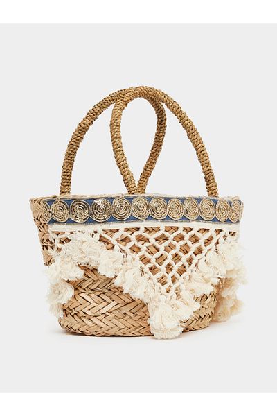 Styli Tassel Trim Raffia Beach Handbag