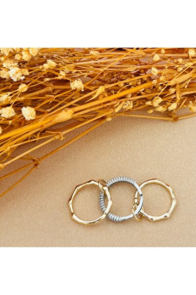 Markiz Takı Gold Gümüş Üçlü Çelik Yüzük - Ayarlanabilir