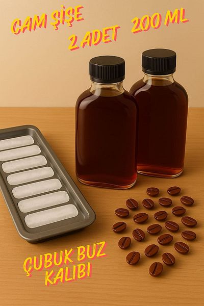Rotanev 2 Pcs Transparent Cold Brew Black Lid Cold Coffee Flat Glass Bottle 200 ml and Stick Ice Mold