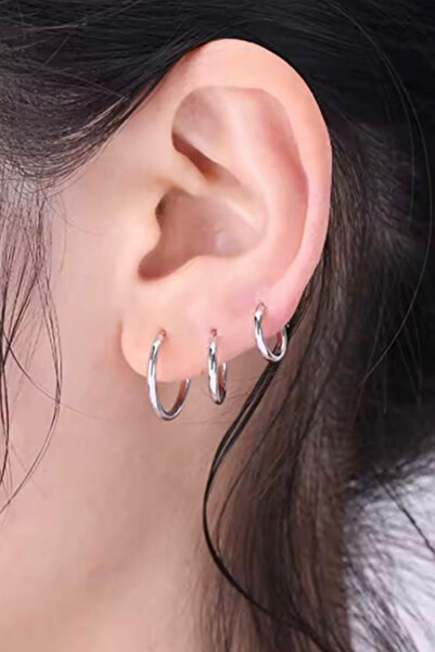 Jaida Moda 3’lü Gümüş Renk Cerrahi Çelik Halka Küpe Seti - Antialerjik & Suya Dayanıklı