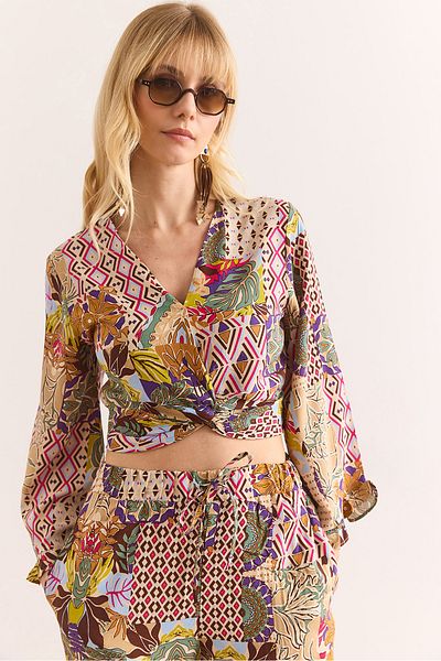 Olalook Women Multicolor Front Knotted Spanish Sleeve Viscose Blouse Blz-19002969