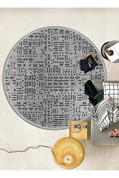 new colourse GRİ Yuvarlak İskandinav Şönil Kilim Altı Pamuk Kaymaz Dokuma Taban