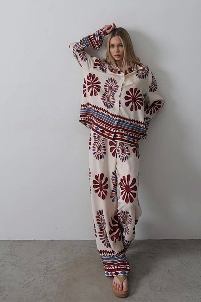 Silerra Patterned Flared Sleeve Trousers Set - Red