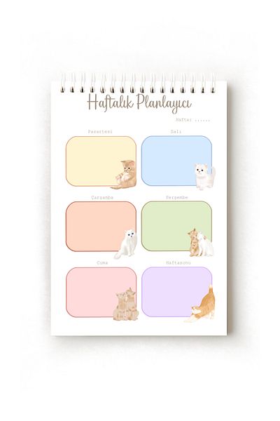 Handeto Kraft Cat Themed Turkish Weekly Planner, Weekly Planner, A5 Planner, Spiral Planner, Ring Binder