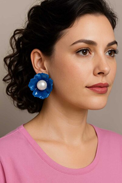 Bloomflorart Büyük Mavi Epoksi İncili Küpe-Epoksi Dip Reçine-El Yapımı