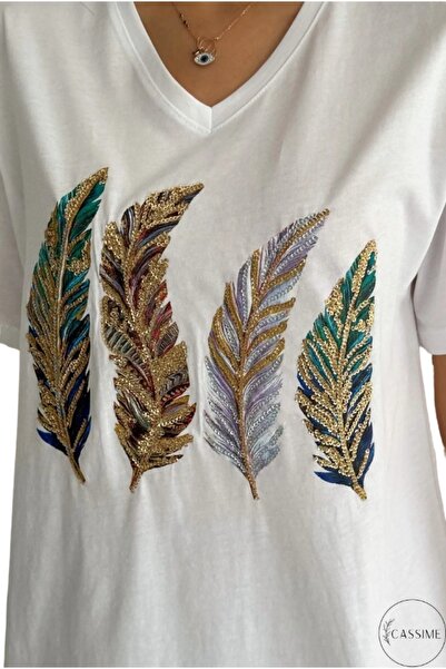 Cassime Dámské bílé 100% bavlněné flitry Flitry Vyšívané Tričko s výstřihem do V velikosti Xl-2xl-3xl
