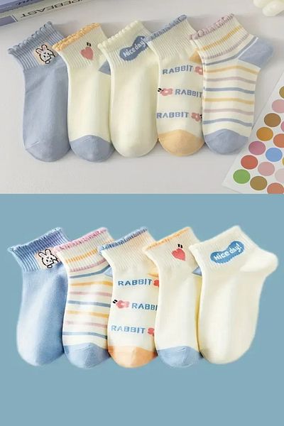 Esinti 5 Pairs Women's Ankle Length Multicolored Rabbit Patterned Booties Socks Set 5 Pieces