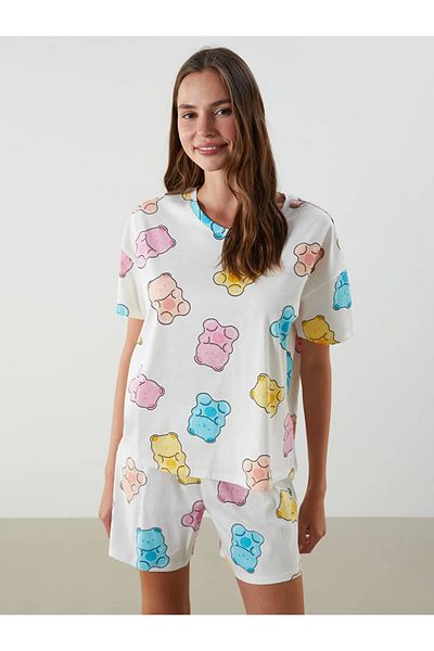 LC Waikiki Set de pijamale LCW Young Ecru pentru femei, cu model, cu pantaloni scurți