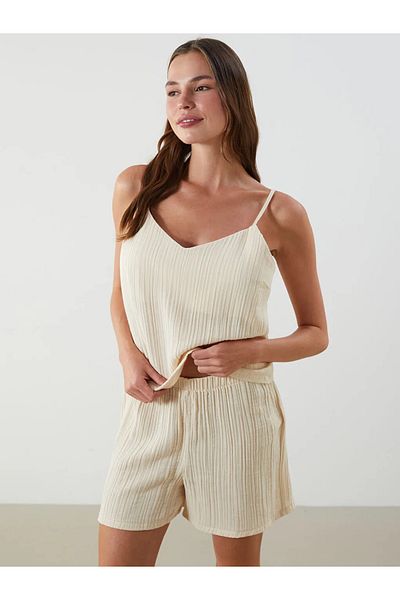 LC Waikiki Lcw Dream Beige V-Neck Textured Women's Shorts Pajama Set