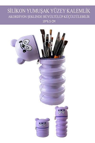 FLY COLOR Purple Bear Patterned Silicone Pencil Case - with Magnificent and Shrinkable Bellows
