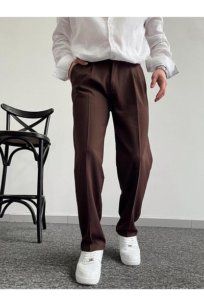Z1MAN - Men's Pleated Baggy Elastic Waist Fabric Trousers-Bitter Brown
