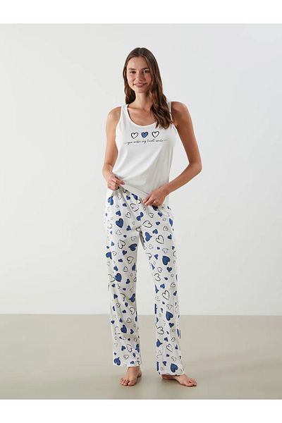LC Waikiki Σετ γυναικείες πιτζάμες LCW DREAM Ecru με στάμπα U λαιμόκοψης