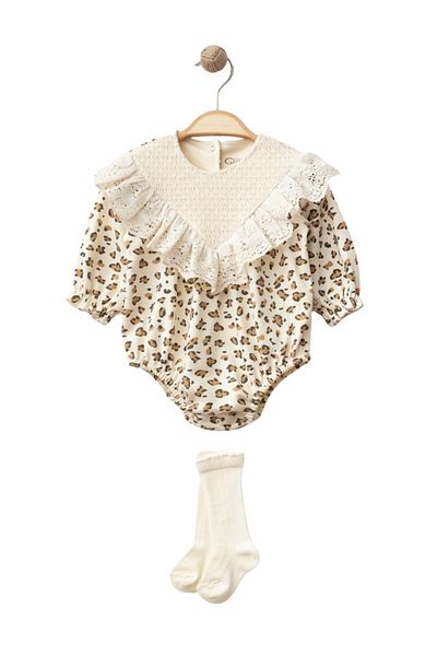 Minytrendy Baby Girl Child Leopard Pattern Romper Newborn Jumpsuit with Socks Baby Set Holiday Gift